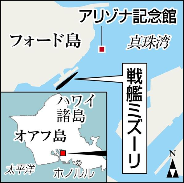 沈没したアリゾナの真上に建つ慰霊施設・アリゾナ記念館と戦艦ミズーリの位置